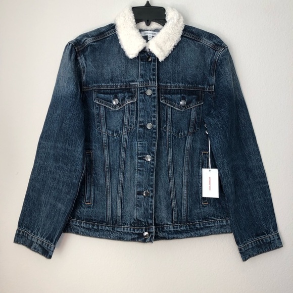 NWT Good American Trucker Boyfriend Denim Sherpa Button Down Jacket size 00/ XS - Picture 6 of 16